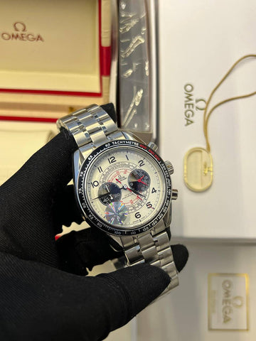 Omega speed master white in black steel strap