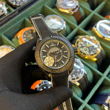 Omega semester aqua tera black world time leather strap