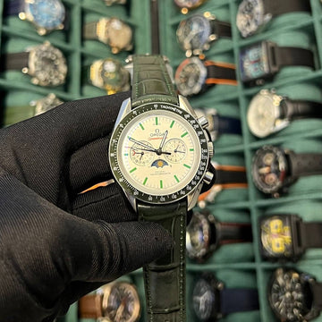 Omega speed master green in white moon phase leather strap