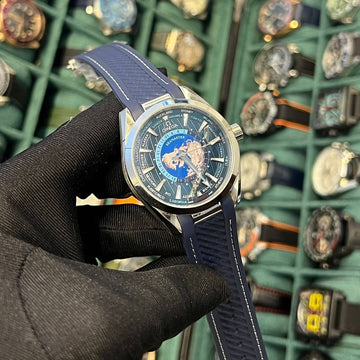 Omega semester aqua tera world time blue leather strap