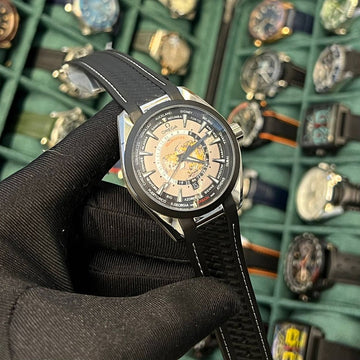 Omega semester aqua tera world time black leather strap