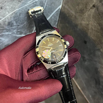 Omega constellation black in silver leather strap
