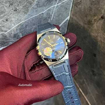 Omega constellation blue in silver leather strap