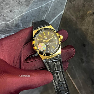 Omega constellation black in gold leather strap