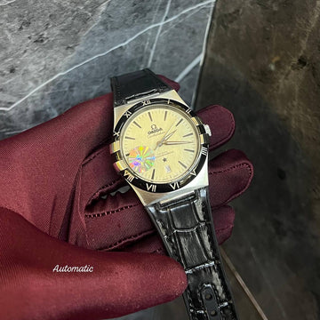 Omega constellation grey in black leather strap