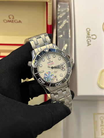 Omega semaster white in black steel strap