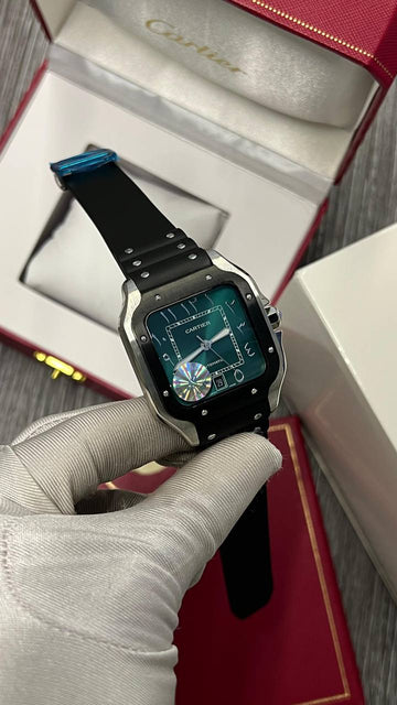 Cartier Santos green in black leather strap