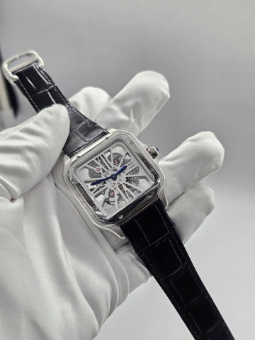 Cartier Santos Skelton silver in black leather strap