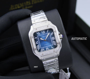 Cartier santos diamond blue steel strap