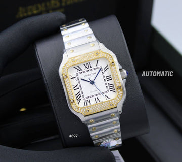 Cartier santos diamond white in gold steel strap