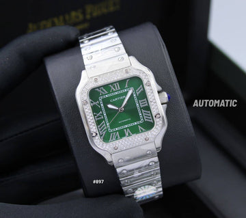Cartier santos diamond green steel strap