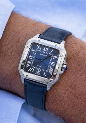 Cartier Santos blue in silver leather strap
