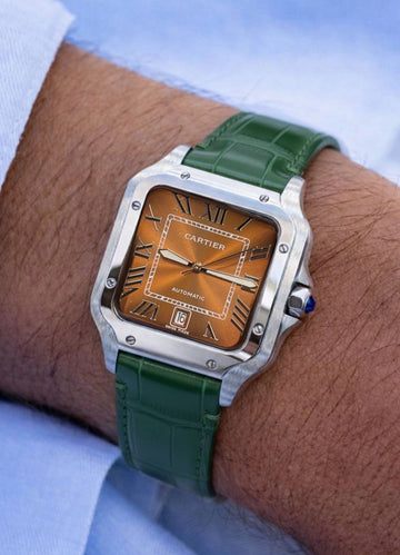 Cartier Santos sky orange in green leather strap