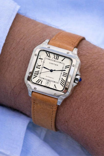 Cartier Santos white in coffee leather strap