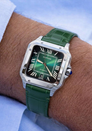 Cartier Santos black in silver leather strap