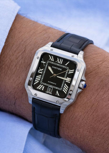 Cartier Santos black in silver leather strap