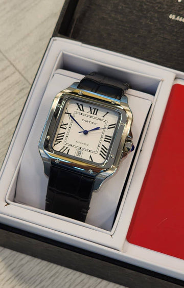 Cartier Santos white in black leather strap