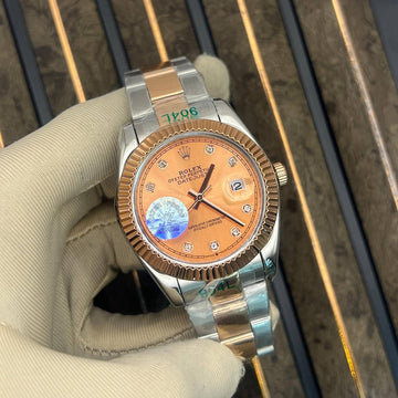 Rolex date just oyster bracelet orange in silver