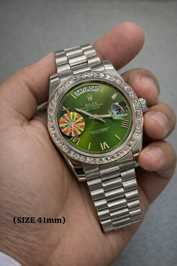 Rolex day date green in silver roman dial diamond