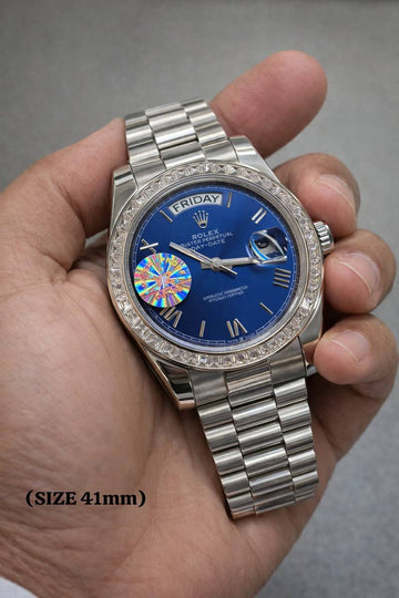 Rolex day date blue in silver roman dial diamond