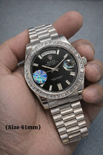 Rolex day date black in silver diamond