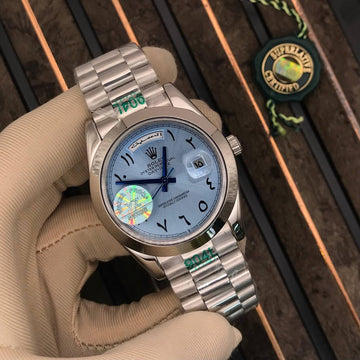 Rolex day date sky blue in silver Arabic dial