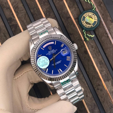 Rolex day date blue in silver roman dial