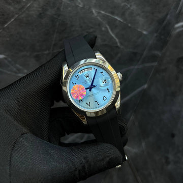Rolex day date blue in leather strap roman dial