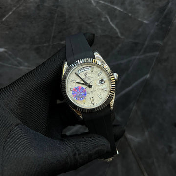 Rolex day date white in silver leather strap