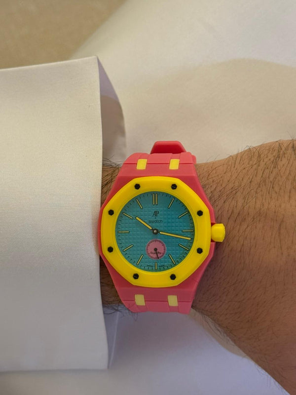 Royal Pop Octagonal Pendant Watch – Teal, Yellow & Pink Color-Block