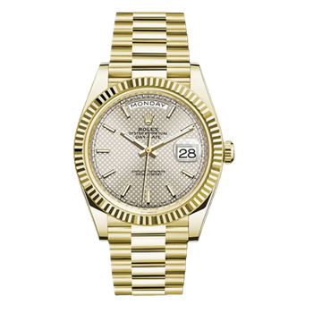 Rolex Day-Date 228238 Sdmip 40Mm Silver Diagonal Motif Index Dial Fluted Bezel 18K Yellow Gold Jubilee Bracelet Men’S Watch