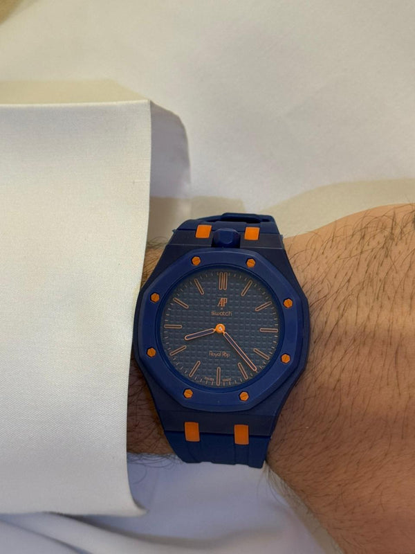 Royal Pop Octagonal Pendant Watch – Deep Navy & Neon Orange