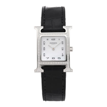 Hermes Stainless Steel Alligator Diamond Bezel Mother of Pearl 21mm Heure H Hour Quartz Watch