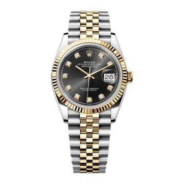 Rolex 126233 Datejust 36mm, fluted bezel, black diamond dial, Jubilee bracelet.
