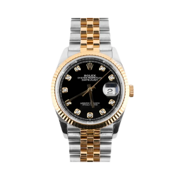 Rolex 126233 Datejust 36mm, fluted bezel, black diamond dial, Jubilee bracelet.