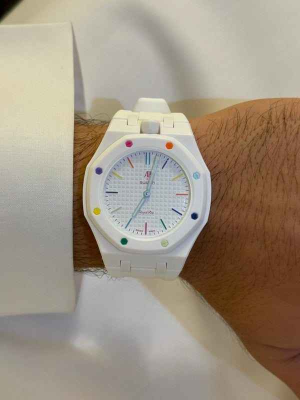 Royal Pop Octagonal Pendant Watch – Frost White & Rainbow